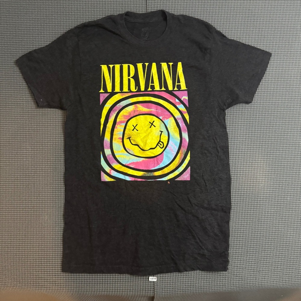 Nirvana Graphic Tee Smiley Face Tie Dye Logo Charcoal Gray Shirt Mens Large